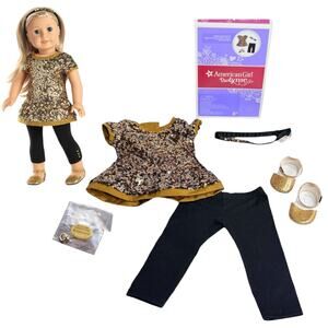 American Girl Golden Sparkle Outfit Sequin Tunic Legging Headband Ring Shoes Box